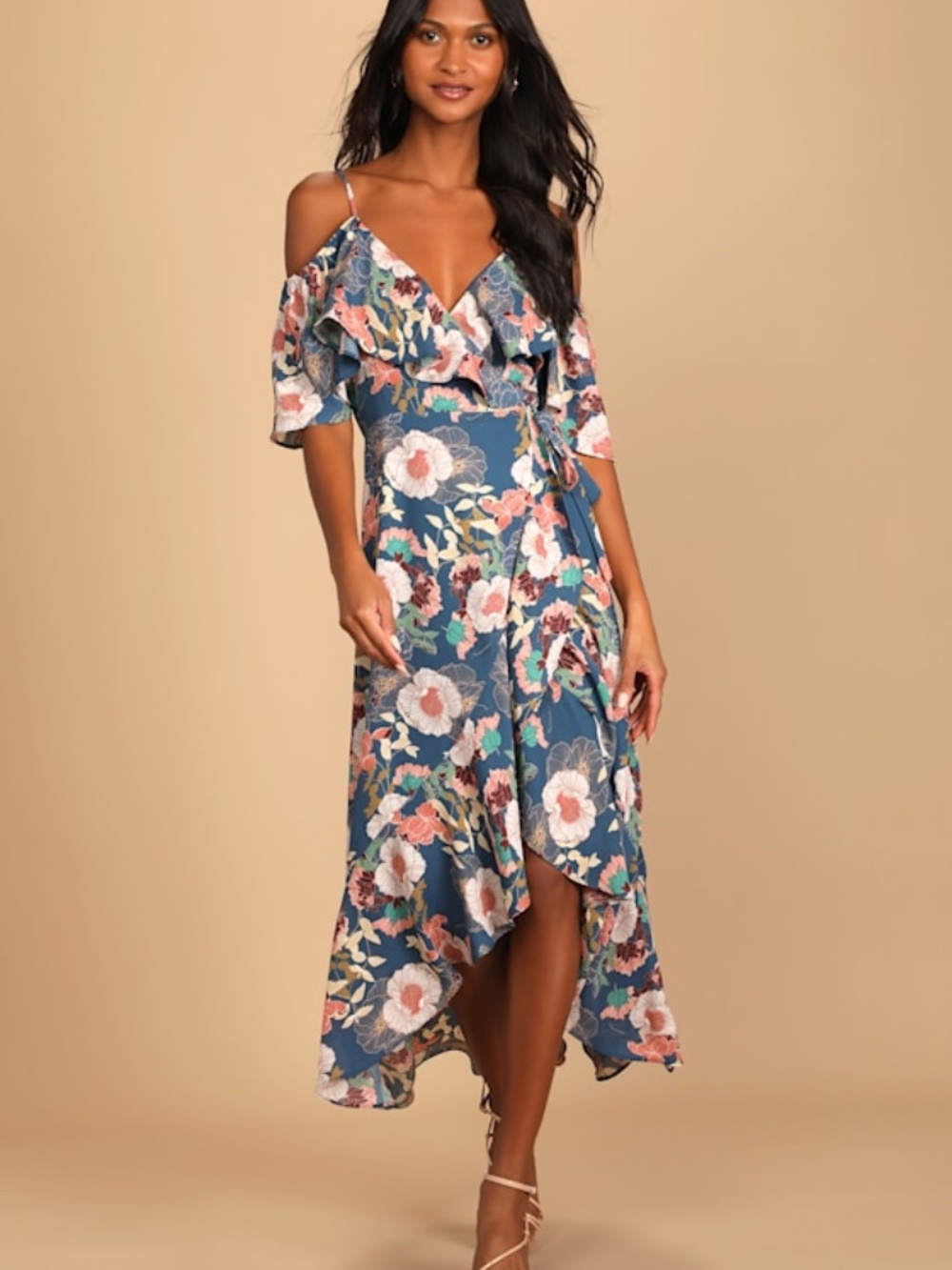 Lulus Fully Bloomed Blue Floral Print Off-the-shoulder Maxi Wrap Dress - Size XS